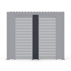 Modern slatted privacy fence with horizontal white and dark gray accent slats, ideal for backyard enclosures and outdoor living spaces. Perfect for enhancing garden aesthetics and privacy.