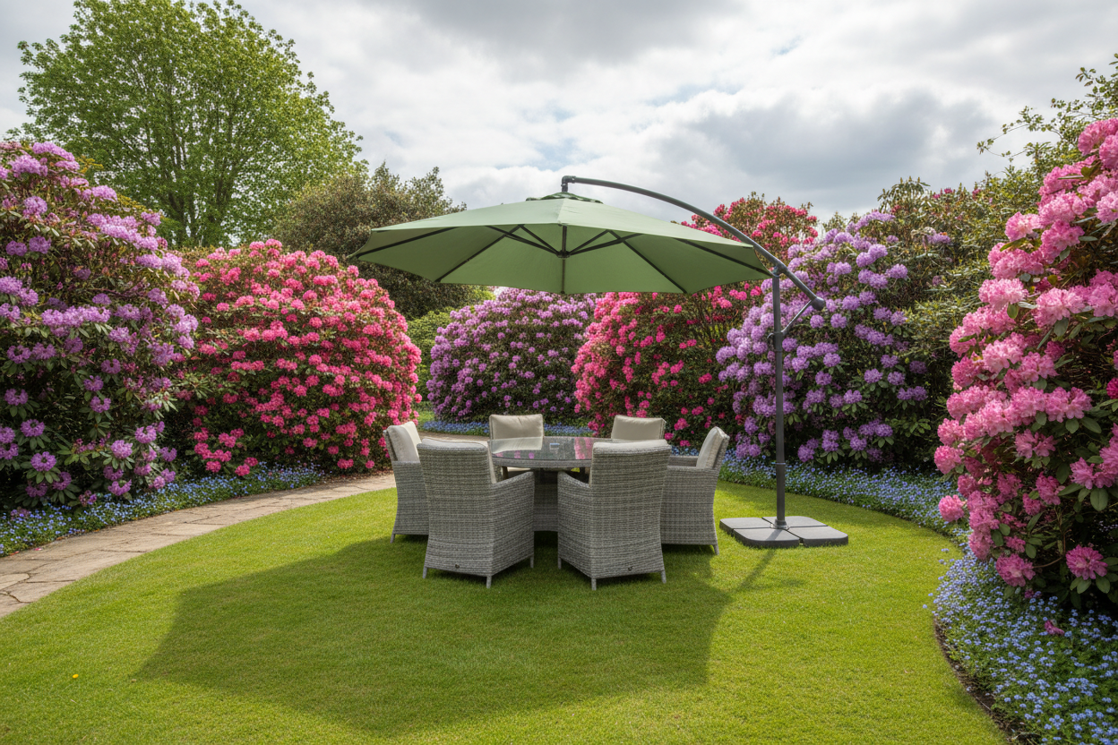 A photorealistic, wide-angle shot of a stylish, modern 3-meter diameter cantilever parasol in a vibrant UK garden during late spring. The parasol is a soft sage green and is angled to shade a contemporary rattan outdoor dining set. The garden features manicured lawns, blooming pink and purple rhododendrons, and delicate forget-me-nots. The natural daylight from an overcast sky creates a warm, inviting atmosphere with gentle shadows, showcasing the parasol as a central element of an elegant outdoor living space.