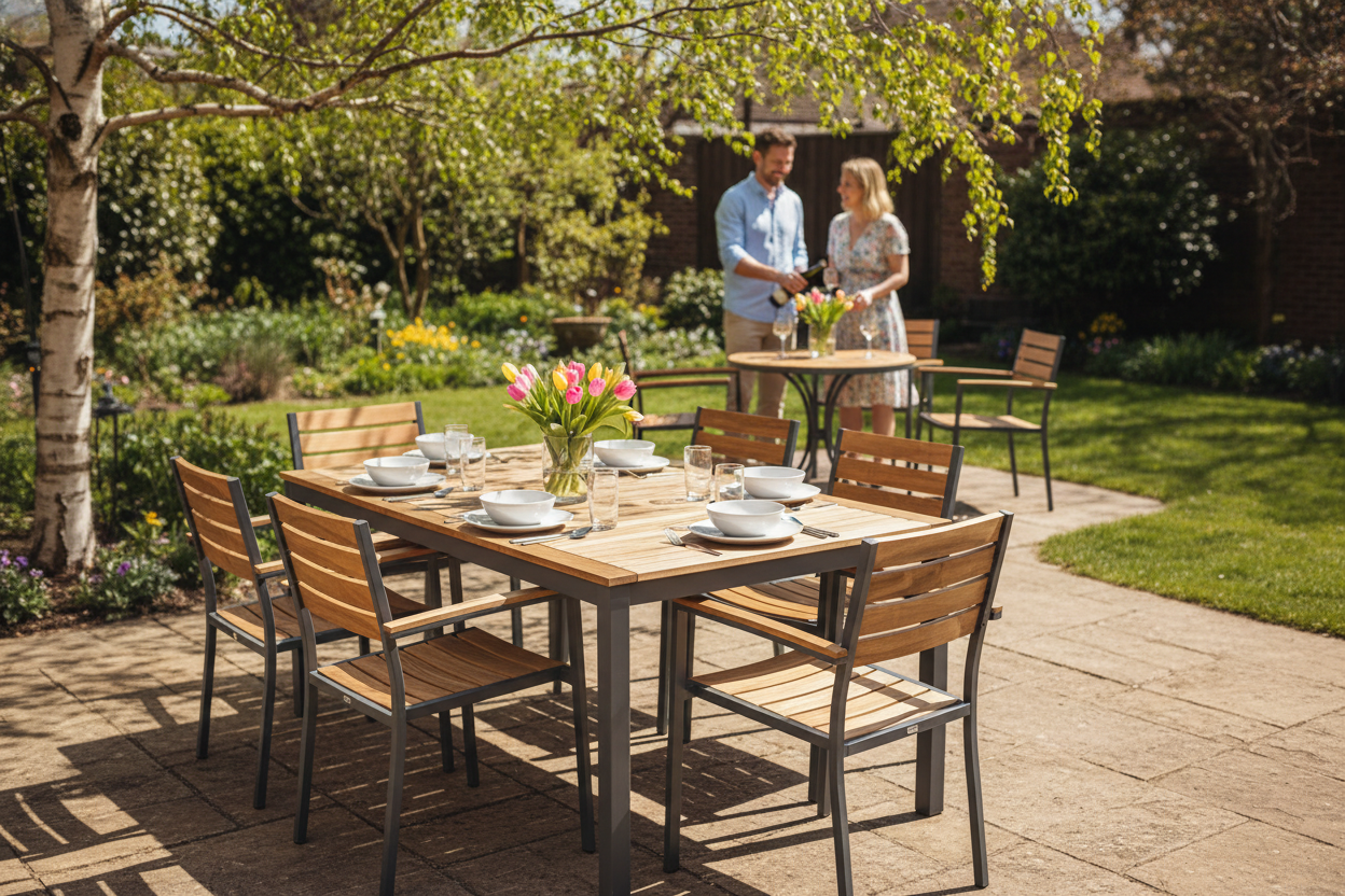 A photorealistic, medium shot of a stylish, light oak and metal garden dining set for six, set on a rustic paved patio in a well-maintained UK garden. The scene depicts a relaxed spring afternoon with dappled sunlight filtering through the leaves of an overhead birch tree. In the background, slightly out of focus, a couple in casual spring attire are seen laughing and pouring drinks at a neighbouring garden table, their figures adding a sense of lived experience and aspirational enjoyment. The dining set itself is set with simple, elegant tableware and a small vase of fresh tulips. The composition is slightly elevated, offering a clear view of the dining set and the convivial atmosphere. The colour palette is warm and earthy, with natural wood tones, soft greys, and vibrant spring floral colours like pink and yellow.