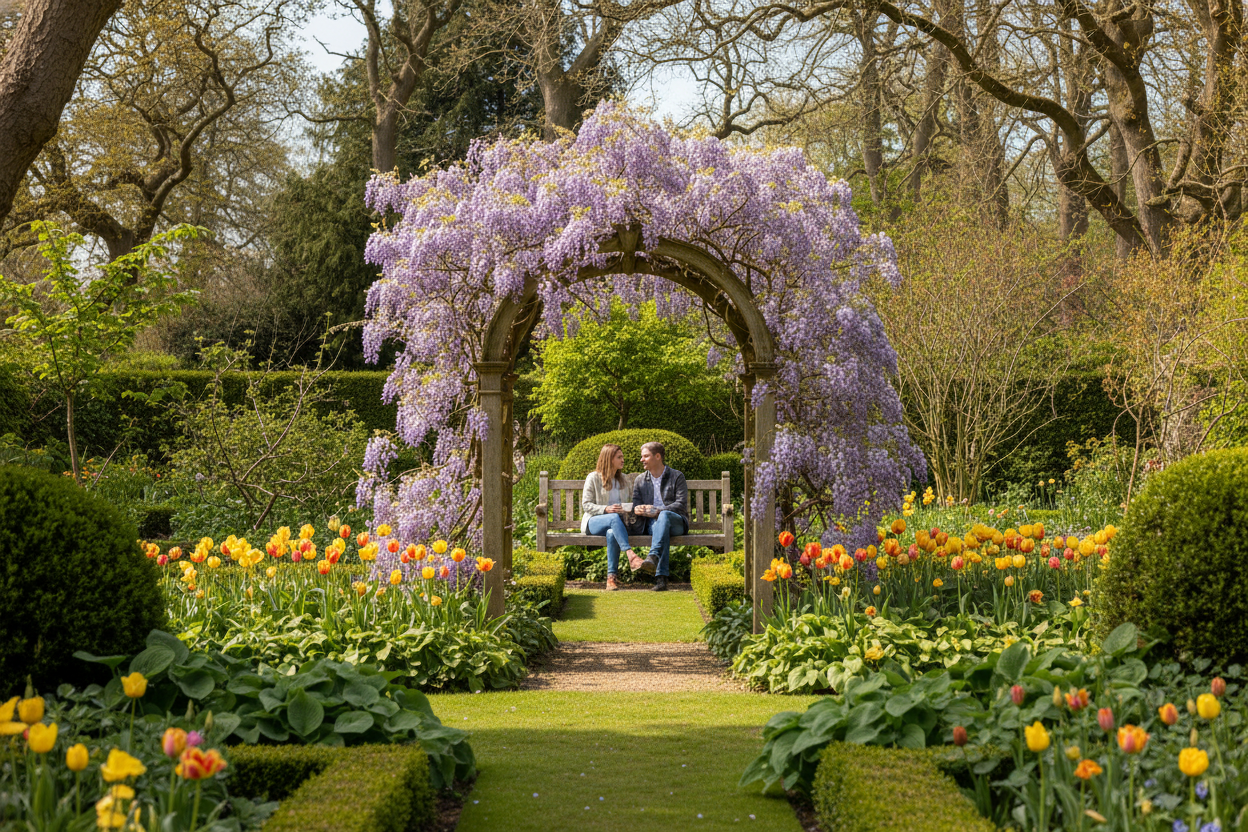 A photorealistic image of a serene UK garden in spring. A weathered oak arch, draped with blooming purple wisteria, serves as an entryway to a rustic wooden bench. A couple enjoys tea on the bench, bathed in dappled sunlight filtering through mature trees. The garden features yellow and orange tulips, green hostas, and manicured box hedging, creating a warm and inviting outdoor living space.
