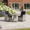 Stylish outdoor patio furniture set with two wicker chairs with black cushions and round glass-top table, perfect for garden relaxation and entertaining guests.