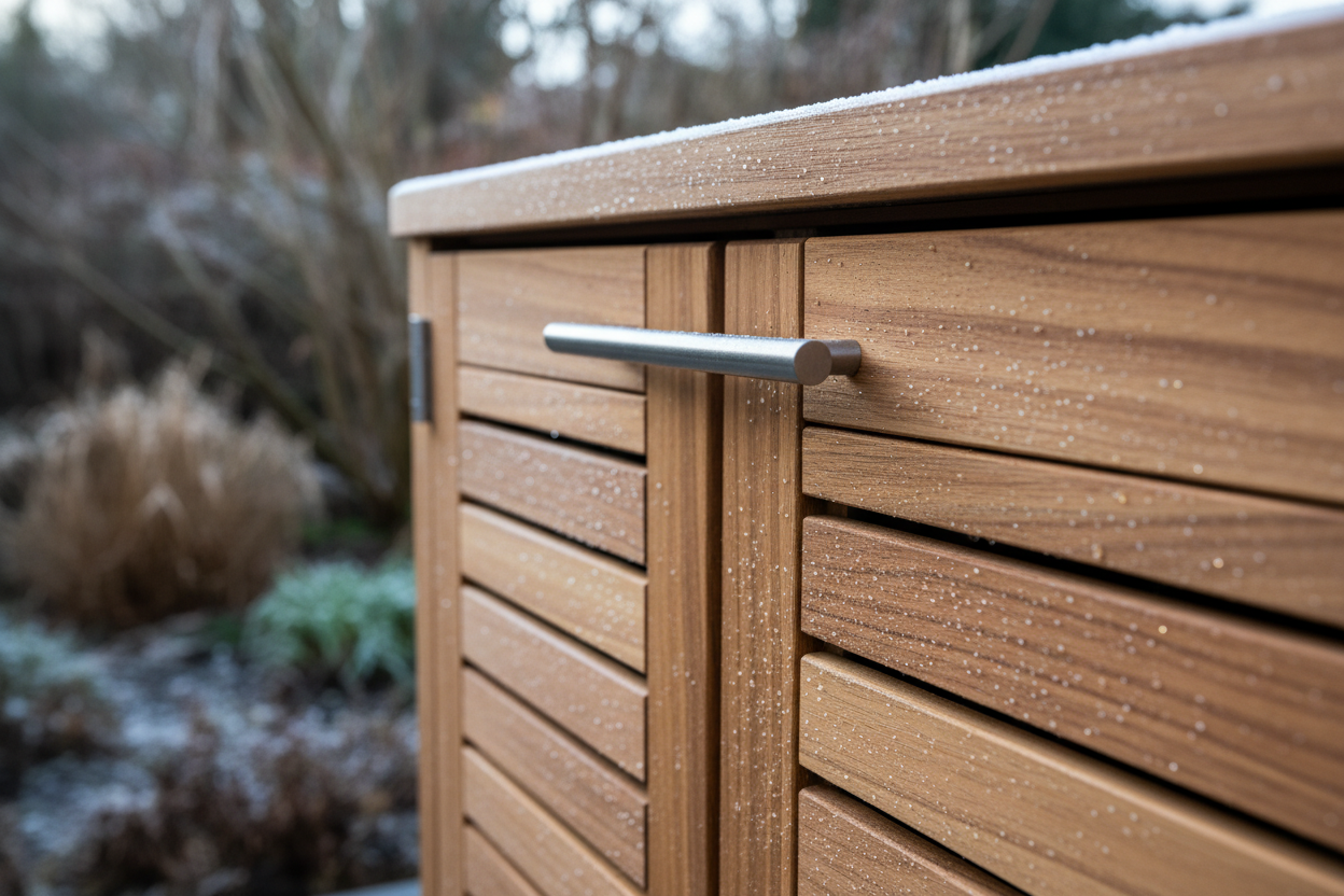Close-up photorealistic detail of a modern outdoor storage unit, showcasing the textured, weather-resistant wood grain of its slatted doors and a brushed stainless steel handle. Subtle droplets of morning dew or frost suggest a winter scene. The background is softly blurred, hinting at a muted UK garden with winter foliage. Natural, soft daylight emphasizes the rich textures and sophisticated colour palette of warm wood tones and cool metallic accents, conveying durability and quality.