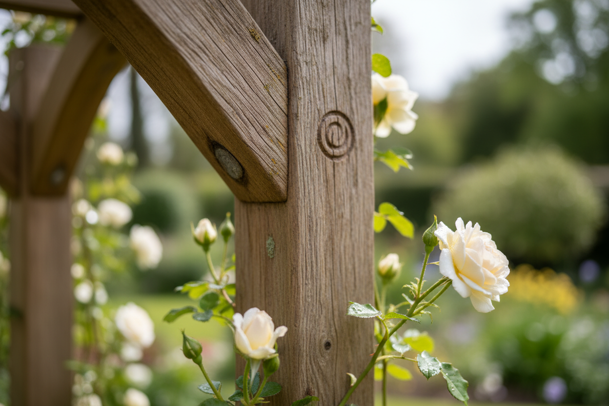 A photorealistic, close-up macro shot of a mortise and tenon joint on a weathered oak garden arch. The aged wood's natural grain and texture are prominent. Subtle, hand-carved embellishments are visible. Tiny, dew-kissed pale cream rose buds are just emerging around the joint. The background is a softly blurred, lush green UK spring garden, bathed in bright, diffused early afternoon light. The color palette is earthy with warm browns, greens, and creamy whites.