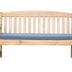 Natural wood outdoor garden bench with blue cushion, ideal for patio or garden seating. Durable, stylish, and perfect for relaxing outdoor spaces.