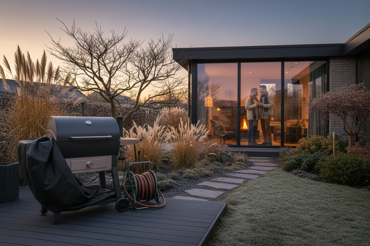 A medium-wide, slightly elevated shot of a cosy winter garden. In the foreground, a dark grey pellet BBQ is on a composite deck. In the blurred background, a couple in warm knitwear are silhouetted against a glowing window. Hardy winter plants like ornamental grasses and a bare-branched acer are visible. The scene is bathed in soft, golden late afternoon winter light, with a warm and inviting colour palette of deep blues, muted greens, and amber indoor lighting. The atmosphere is aspirational and tranquil, signifying the peaceful end of the gardening season. The image is hyperrealistic product photography.