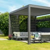 Modern outdoor pergola with adjustable slatted roof, gray metal frame, surrounded by lush greenery and garden decor, ideal for creating a stylish backyard patio space.