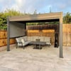 Modern outdoor pergola with seating area, perfect for backyard relaxation, patio, and garden entertaining. Featuring weather-resistant furniture and a stylish design for outdoor living.