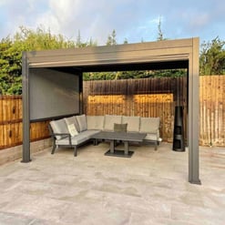 Modern outdoor pergola with seating area, perfect for backyard relaxation, patio, and garden entertaining. Featuring weather-resistant furniture and a stylish design for outdoor living.