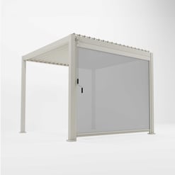 Aluminum outdoor pergola with retractable side screen, ideal for garden shading and outdoor living spaces.