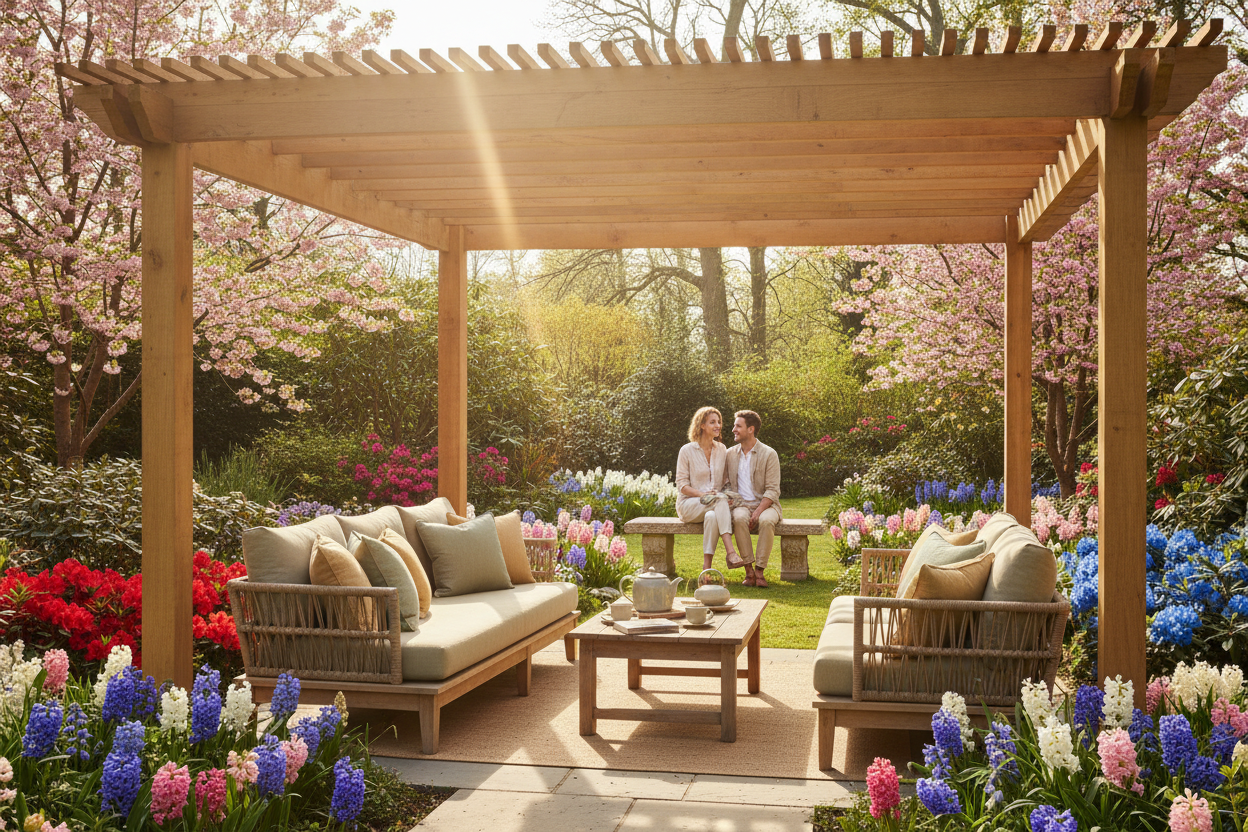 A photorealistic image of a modern timber pergola in a UK garden on a bright spring day. The pergola covers a comfortable outdoor seating area with plush cushions in earthy tones. In the background, a subtly visible couple enjoys tea on a bench, adding to the warm atmosphere. Sunlight creates patterns of light and shadow through the pergola's louvres. The garden features vibrant azaleas and hyacinths in full bloom. The composition is from an elevated angle, looking down into the seating area, showcasing a sense of desirable relaxation and a perfect garden retreat.