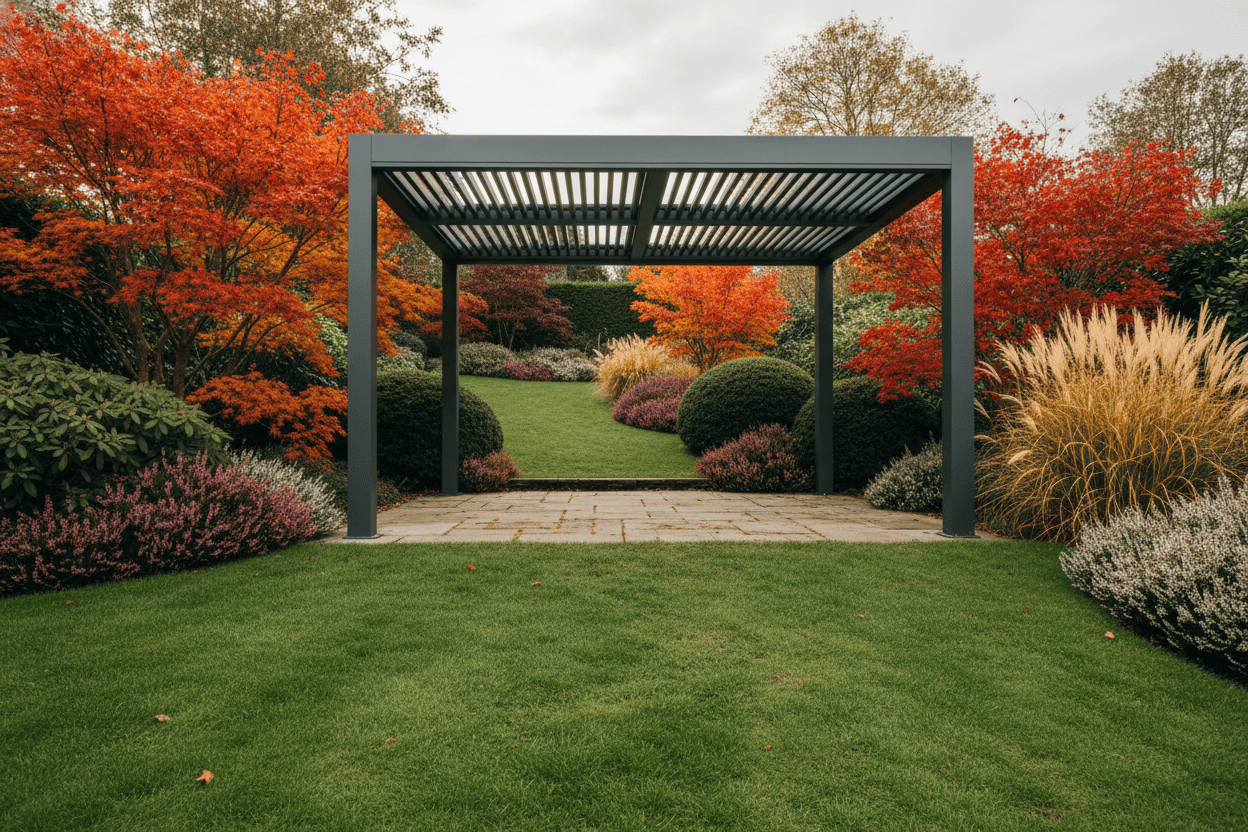 A photorealistic, wide-angle shot showcases a modern, charcoal-grey aluminium pergola with a retractable slatted roof. It is situated in a mature UK garden during late autumn. The garden features a mix of evergreen shrubs, fiery red Japanese maples, and golden ornamental grasses. Soft, diffused natural daylight from an overcast afternoon casts a warm, inviting glow. The pergola sits on a moss-speckled paved patio, overlooking a gently sloping lawn. The composition highlights the pergola as a focal point within the aspirational garden setting, with a color palette dominated by ochres, deep burgundies, muted greens, and the cool grey of the pergola, creating a cozy, autumnal atmosphere. The image quality is professional product photography standard.