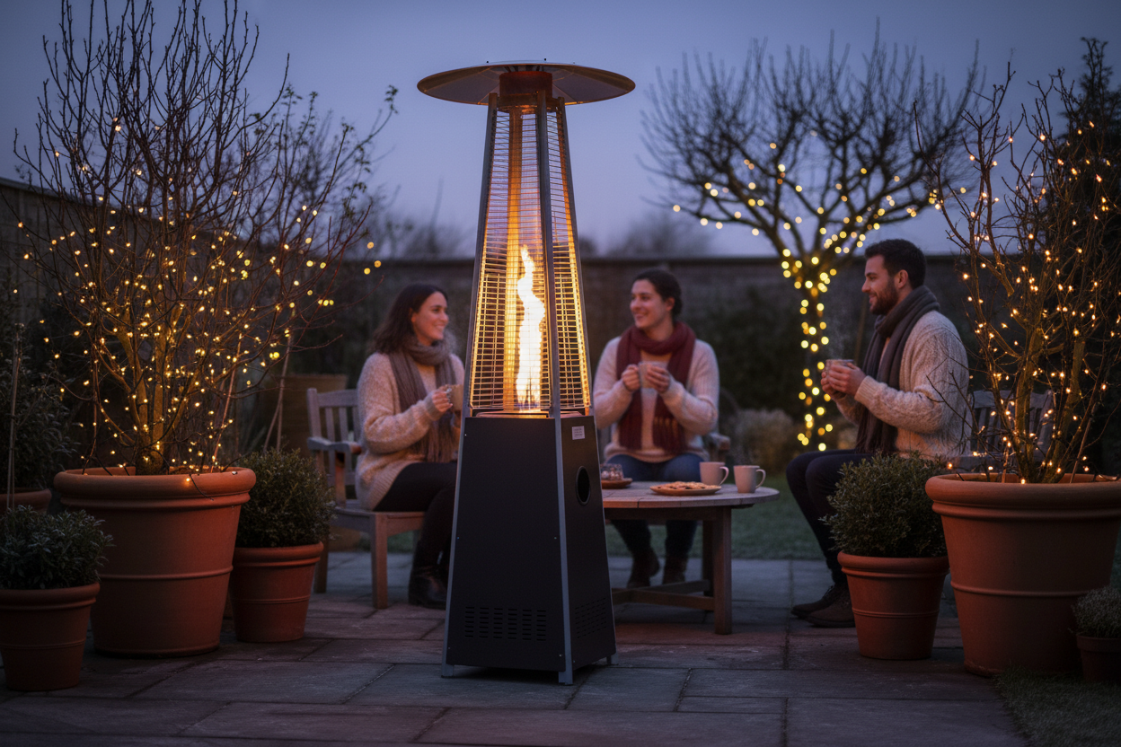 A photorealistic image of a cozy, modern UK garden on a crisp winter evening. Soft light from a dark grey patio heater illuminates a small, blurred group of people in warm jumpers and scarves, holding mugs of hot drinks. The garden features terracotta pots with bare branches and evergreens, with twinkling fairy lights in the background. The cool blues and purples of the twilight sky contrast with the warm glow of the heater.