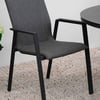 Sleek outdoor dining chair with dark grey upholstered seat and backrest, black metal frame, perfect for a modern patio or garden setup.