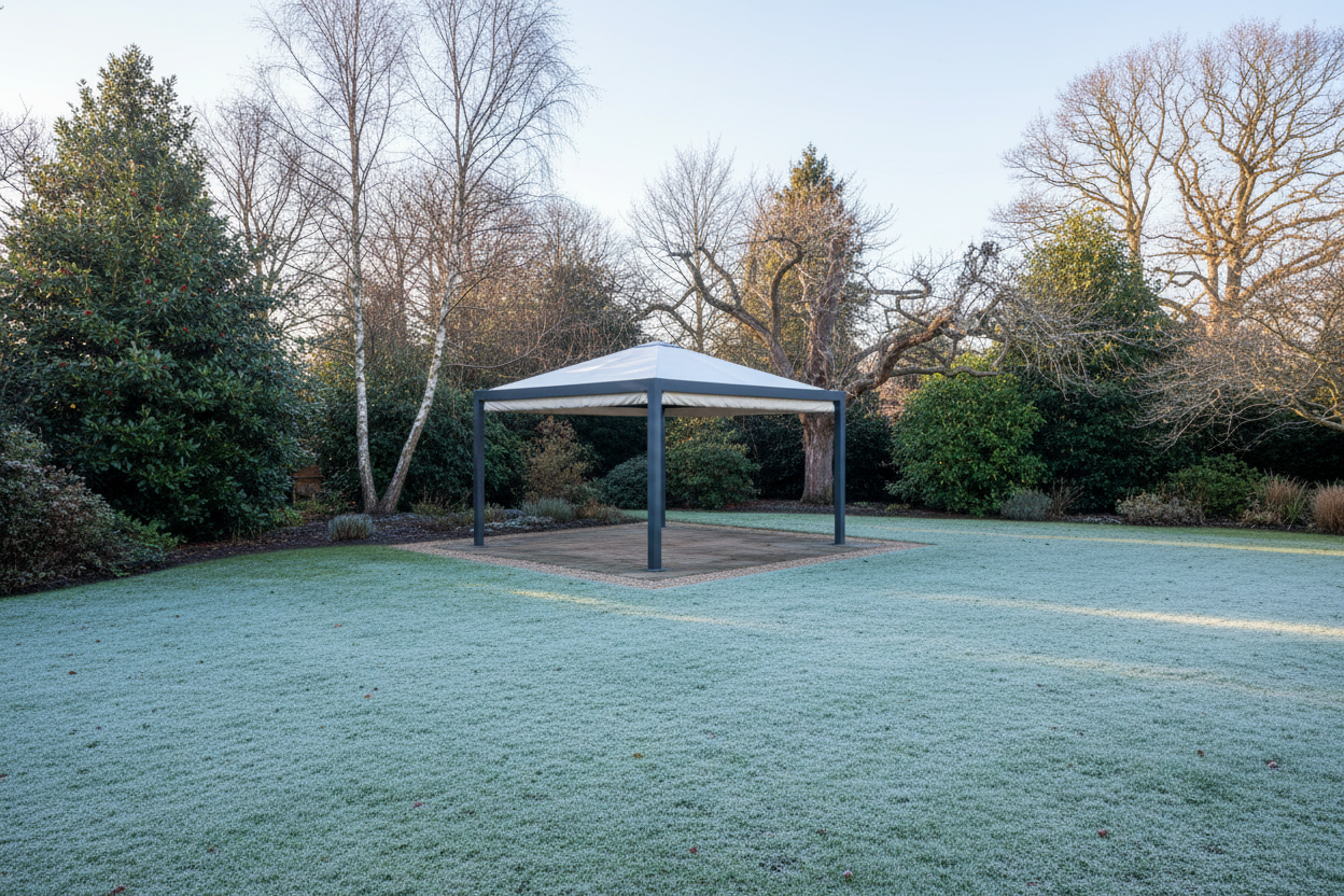 A photorealistic, wide-angle shot of a contemporary charcoal grey aluminium pergola with a retractable canopy, set in a mature UK garden on a crisp winter afternoon. Bare-branched birch and oak trees stand alongside evergreen holly and rhododendron, with frost dusting the manicured lawn and stone patio. Soft, diffused daylight casts long, cool shadows, highlighting the pergola as a striking architectural feature. The cool colour palette of greys, greens, and browns evokes a serene atmosphere, showcasing the year-round potential of the outdoor space.