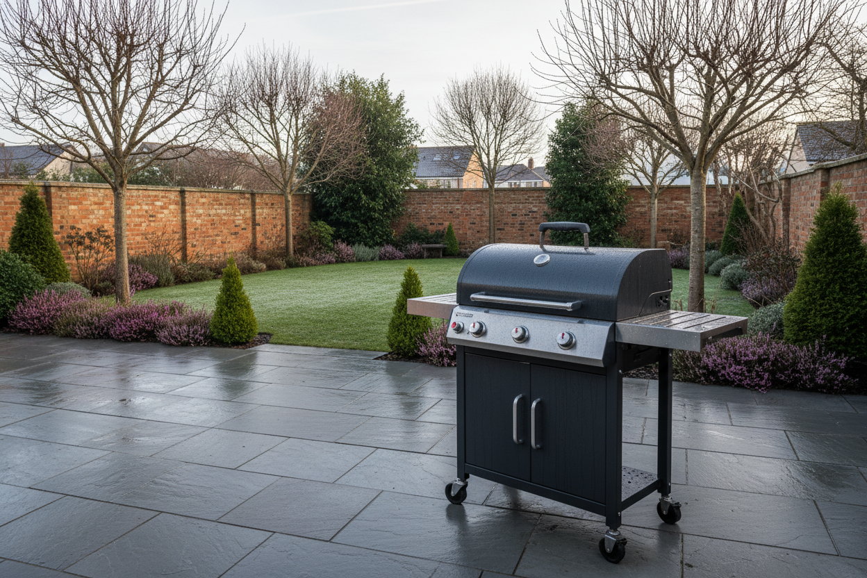 A sleek, charcoal BBQ sits on a grey slate patio in a UK suburban garden during winter. Bare branches of deciduous trees and evergreen shrubs dusted with frost surround the scene. The soft, diffused daylight casts gentle shadows, creating a serene atmosphere with muted greys, greens, and browns, hinting at warmer days to come.