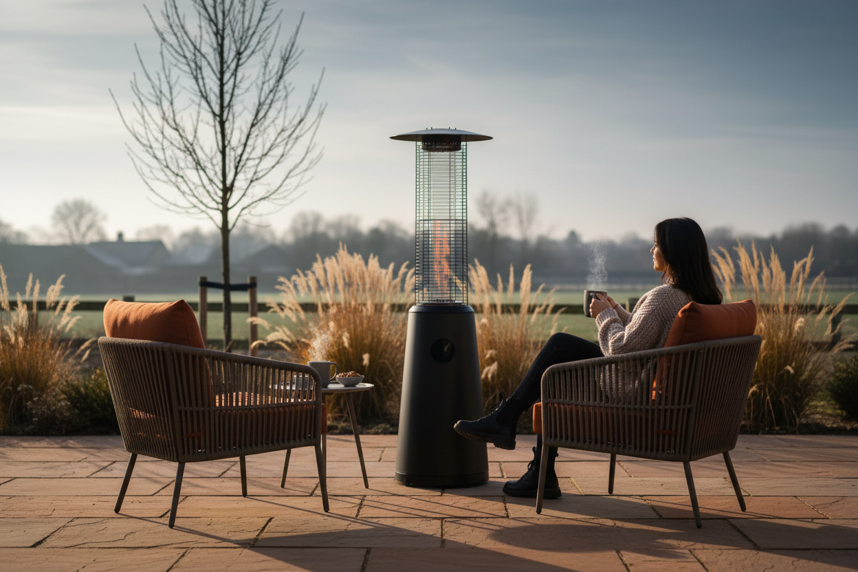 A photorealistic medium-wide shot of a cosy UK garden patio in late afternoon winter light. A modern patio heater emits a gentle warmth, with a subtle heat haze. In the softly out-of-focus background, silhouetted figures enjoy warm drinks on outdoor furniture. The garden features ornamental grasses and a bare-branched tree, set against warm natural stone paving. The atmosphere is inviting and aspirational, capturing winter outdoor living with a palette of terracotta, blues, and greys.