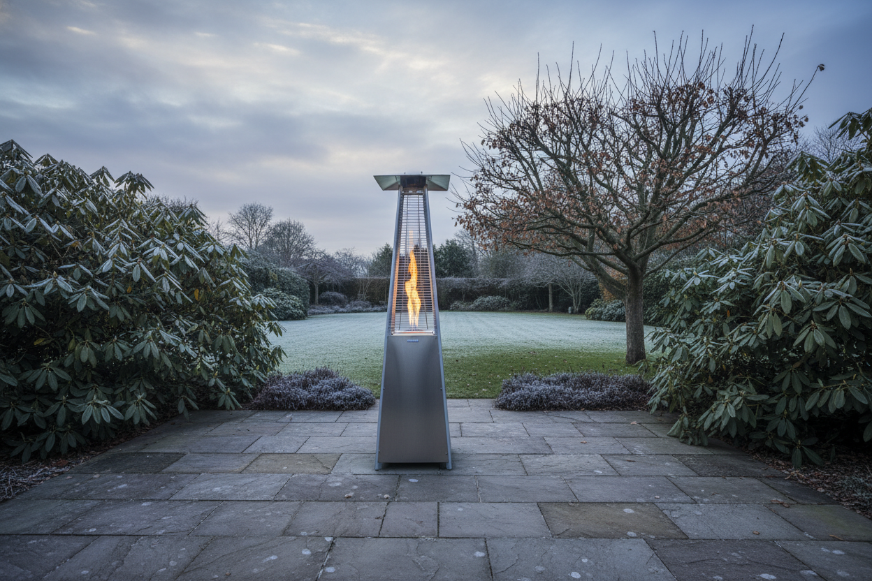 A photorealistic, wide shot of a sleek, brushed stainless steel pyramid patio heater standing centrally on a paved patio in a UK garden during a late winter afternoon. Dormant evergreen shrubs like rhododendrons and a bare-branched ornamental pear tree surround the scene, with a hint of frost on the manicured lawn. Soft, diffused daylight casts long shadows, highlighting the warm, inviting amber glow from the heater's gentle flame. The eye-level composition focuses on the modern heater against the muted, cool blue and grey tones of the winter landscape, creating an aspirational aesthetic.