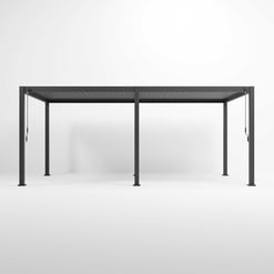 Modern outdoor metal pergola with adjustable shades for garden patio and backyard relaxation, featuring a sleek black frame and durable design.