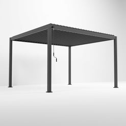 Steel outdoor pergola with adjustable louvered roof for patio shade and outdoor living space. Modern design for garden or backyard relaxation. Durable, weather-resistant structure.