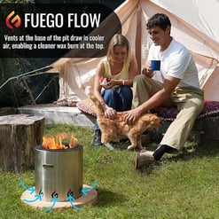 Fuego Flow outdoor fire pit with venting system for cleaner wax burn, perfect for backyard camping and outdoor gatherings.
