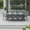 Stylish outdoor dining table with six chairs on a modern patio, ideal for entertaining in a contemporary home garden.