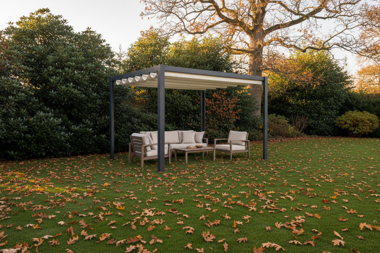 A photorealistic, wide-angle view of a modern 4m x 3m charcoal grey aluminium pergola with a retractable canopy, set in a mature UK garden during late Autumn. Fallen golden and russet oak leaves litter a manicured lawn around the pergola, which serves as a defined outdoor living space. The backdrop features deep green evergreen shrubs and the bare branches of a deciduous tree. Soft, diffused natural daylight from late afternoon casts long shadows, enhanced by a warm, golden-hour glow that accentuates the textures of the pergola and garden. The composition is balanced, with the pergola as the focal point, framed by the autumnal colours of browns, greens, and touches of orange and gold.