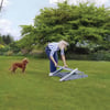 Light gray garden lawn aerator in use on lush green backyard lawn, woman with dog enjoying outdoor gardening and yard maintenance, perfect for home and garden improvement projects at Empire Home and Garden.