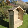 Wooden garden shed with lattice roof and bench, outdoor backyard storage solution, perfect for garden organization and outdoor leisure, by Empire Home and Garden.
