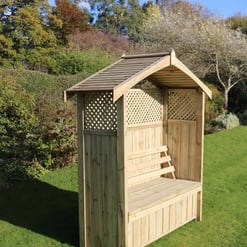 Wooden garden shed with lattice roof and bench, outdoor backyard storage solution, perfect for garden organization and outdoor leisure, by Empire Home and Garden.