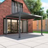 Modern black metal patio pergola for outdoor living space, providing shade and style, perfect for backyard relaxation or entertaining in a contemporary garden setting.