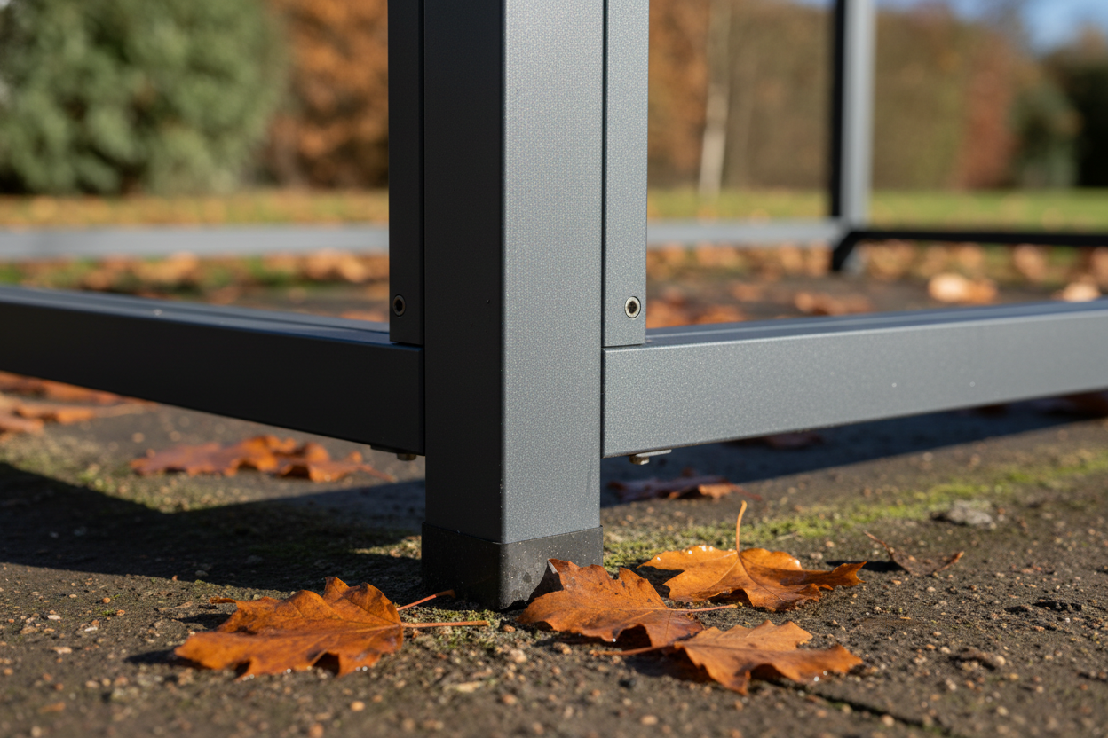 Photorealistic close-up of the corner joint of a modern charcoal grey aluminium pergola, highlighting its sleek design, brushed texture, and robust craftsmanship. Fallen amber leaves are scattered beneath the joint, suggesting autumn. Natural daylight illuminates the fixings and smooth metal finish against a softly blurred garden background.