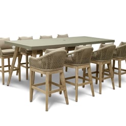Modern outdoor dining table with wicker and wood chairs, perfect for patio or garden entertainment, available at Empire Home and Garden.