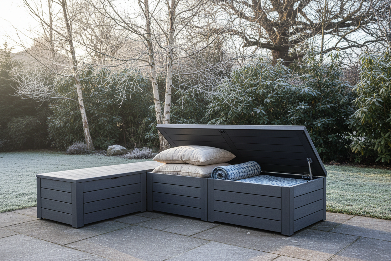 A photorealistic, wide-angle view of a modern charcoal grey modular outdoor storage unit on a UK suburban patio in winter. The unit contains neatly stacked garden cushions and a rolled-up rug. The background features bare-branched deciduous trees and evergreen shrubs lightly dusted with frost, under soft, diffused morning daylight. The aspirational scene, captured around 10 AM, highlights the unit's scale and integration with a cozy yet sophisticated winter aesthetic.