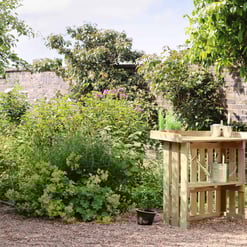 Lush garden with vibrant greenery and blooming plants, featuring a wooden outdoor sink station for gardening and watering needs, set against a brick wall, perfect for outdoor home and garden relaxation.