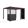 Modern black pergola with privacy panels and red LED lighting, ideal for outdoor living, patio, or garden entertainment spaces. Durable design for backyard relaxation.