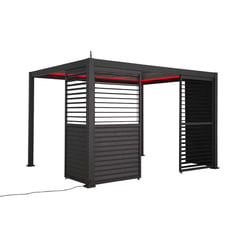 Modern black pergola with privacy panels and red LED lighting, ideal for outdoor living, patio, or garden entertainment spaces. Durable design for backyard relaxation.