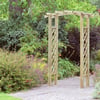 Wood garden archway for backyard landscaping and outdoor decor, surrounded by lush green plants and colorful flowers. Perfect for enhancing garden aesthetic and outdoor living space.