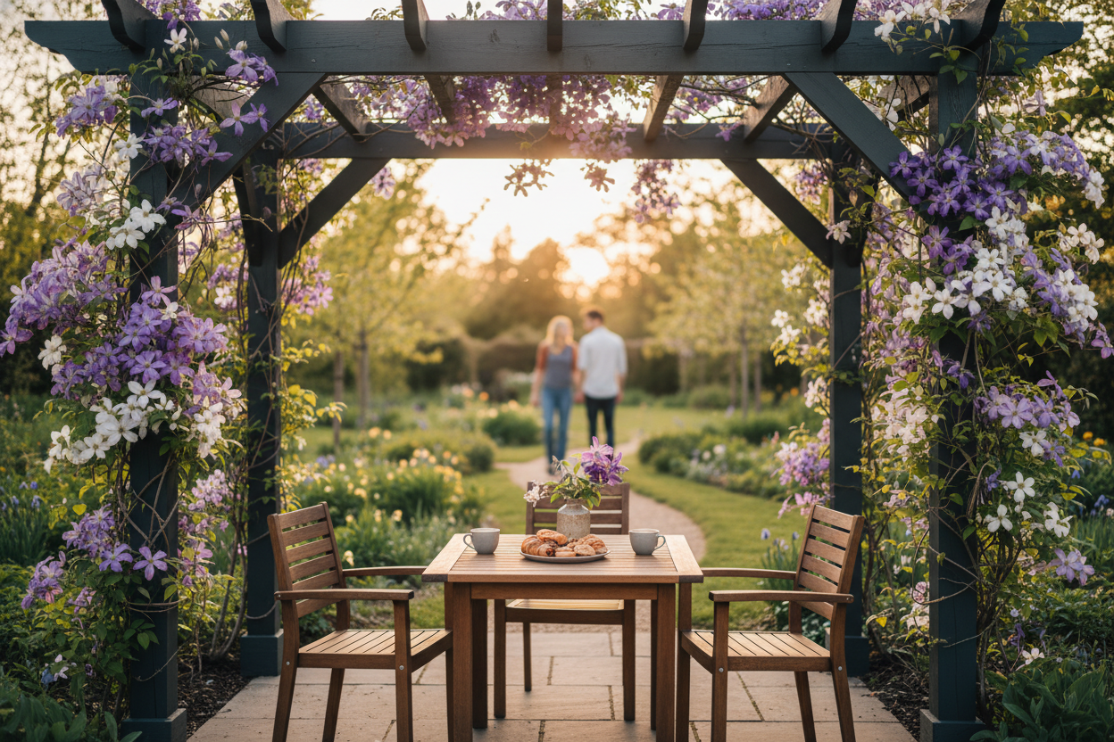A photorealistic, aspirational lifestyle image of a charming UK garden in late spring. A modern, dark charcoal grey timber pergola with vibrant purple and white clematis in full bloom defines an outdoor dining area. A simple wooden dining table and chairs are set for two, with a half-eaten plate of pastries and two coffee cups. In the soft, golden-lit background, a silhouetted couple strolls leisurely through the garden. The atmosphere is relaxed and inviting, with a rich color palette.