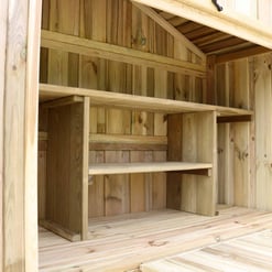 Handcrafted wooden outdoor garden shed with multiple shelves, ideal for garden tools and storage, featuring durable, natural pine construction for backyard organization and gardening needs.