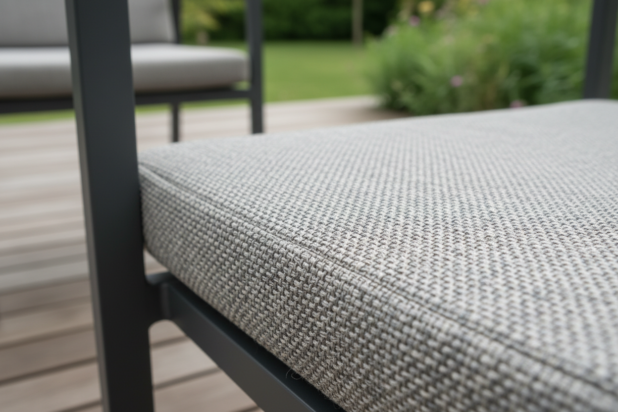 A close-up, photorealistic macro shot of the intricate, textured weave of a light grey cushion on a modern garden dining chair. The high-quality, weather-resistant material is clearly visible, with subtle, out-of-focus aluminum frame details in the background. Soft daylight illuminates the texture and depth of the fabric from a slightly elevated angle, emphasizing its tactile quality. The color palette is muted greys with hints of natural garden tones and soft green foliage.