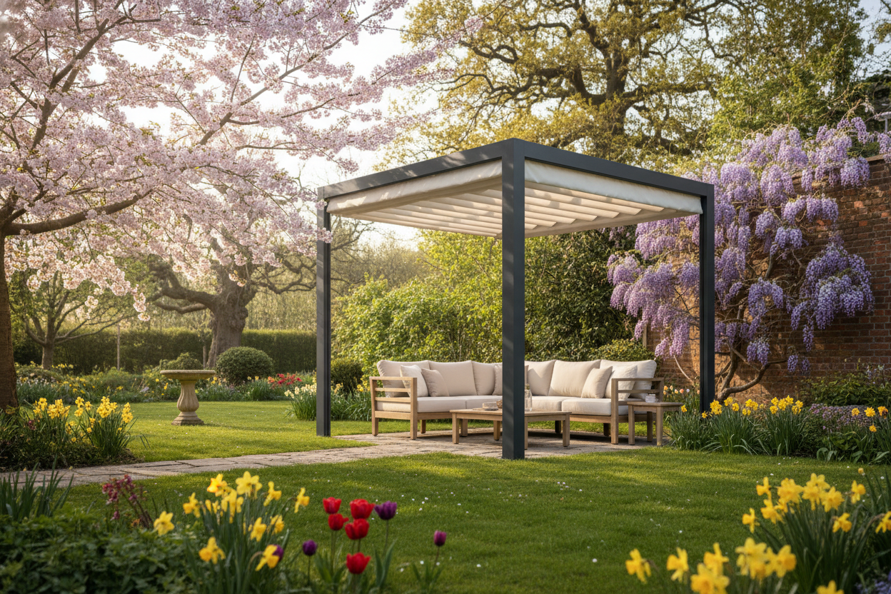 A photorealistic, wide-angle shot showcases a contemporary charcoal grey aluminium pergola with a retractable canopy, set within a lush, mature UK garden in late spring. The scene is illuminated by the soft, warm light of early morning, with dappled sunlight filtering through the blossoming cherry trees and wisteria. Vibrant green grass is adorned with early spring flowers like tulips and daffodils. The composition highlights the pergola as an aspirational garden feature, seamlessly integrated into the landscape, creating an inviting and serene atmosphere with its cool tones contrasting with the fresh greens and soft pinks and whites of the blossoms.