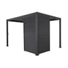 Stylish black metal pergola with privacy panel, ideal for outdoor living spaces, gardens, and patios, enhancing aesthetic appeal and providing shade and coverage.