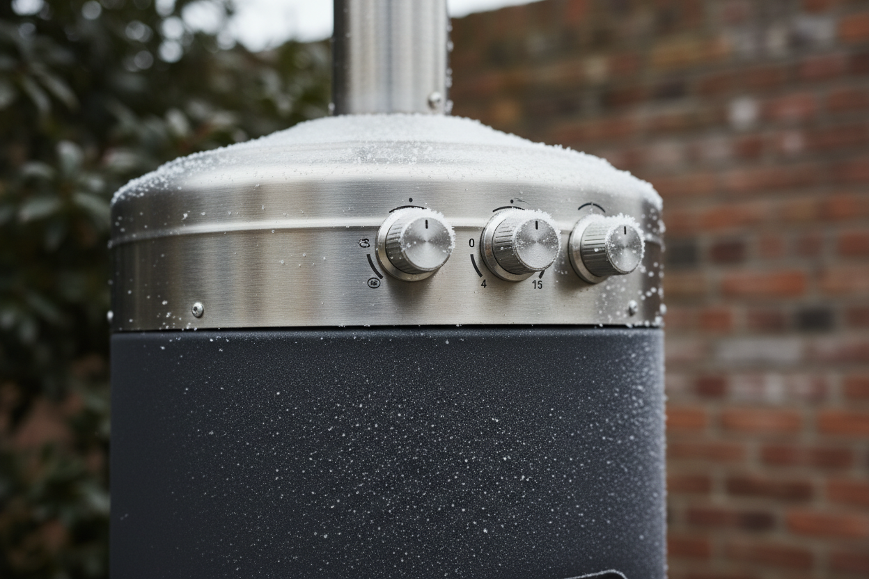 A photorealistic, close-up shot highlights the premium materials of a modern, minimalist patio heater. The brushed stainless steel control panel and textured powder-coated base are detailed, with subtle frost crystals indicating the cold air. Soft, natural daylight illuminates the cool silver and warm grey tones, revealing the metal's sheen and the base's matte finish. The blurred background hints at a garden with damp evergreens and weathered brick, emphasizing the product's tactile quality and durability.