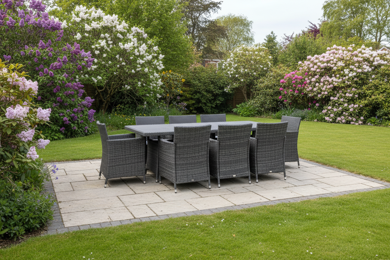 A photorealistic, wide-angle shot of a modern, dark grey rattan outdoor dining set with sleek lines, positioned on a paved patio in a charming UK suburban garden during late spring. Blooming lilac bushes and mature rhododendrons in soft pink and white hues are visible. The natural, bright, and diffused lighting of a sunny late morning casts gentle shadows, highlighting the lush greenery and aspirational atmosphere.