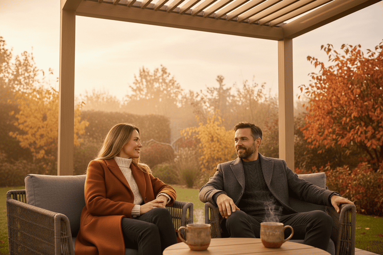 A photorealistic medium shot shows a couple in their late 30s, dressed in stylish autumn clothing, relaxing under a modern light oak-effect composite pergola in a UK garden. They are seated on comfortable outdoor furniture, enjoying warm drinks with contented expressions. The pergola's slatted roof casts dappled shade over the scene, and the background features a softly blurred autumnal garden with vibrant foliage, a hint of mist, and warm, diffused late afternoon sunlight, creating an atmosphere of peaceful enjoyment and aspirational living. The color palette is warm and inviting, with earthy browns, deep oranges, and soft greens.