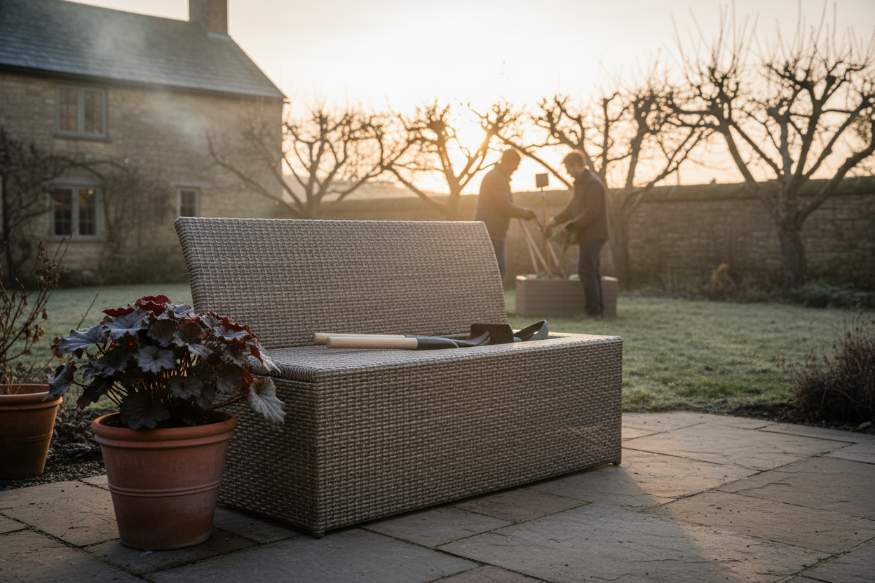 A photorealistic, eye-level shot of a stylish, contemporary rattan-effect outdoor storage bench on a paved patio in a charming UK cottage garden during early winter. In the blurred background, a couple silhouetted against a weak winter sunset is tidying garden tools into the bench. A terracotta pot with a burgundy heuchera sits beside it, creating a warm and inviting atmosphere.