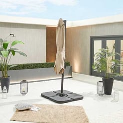 Shade umbrella on rooftop patio with potted plants, decorative lanterns, and outdoor decor for stylish urban living.