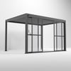 Garage shed with black metal framing and clear polycarbonate panels for durable outdoor storage or workspace.