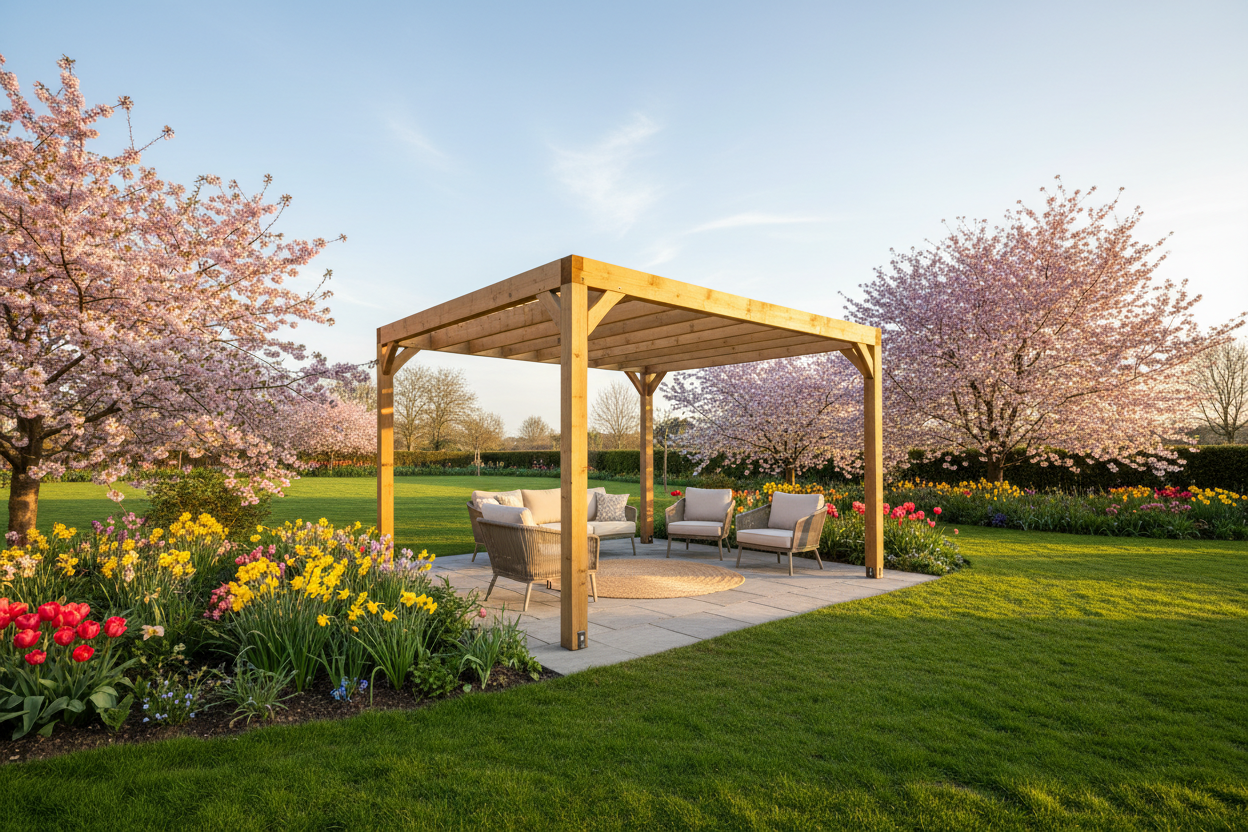 A photorealistic, wide-angle shot of a modern wooden pergola with clean lines, set in a sun-drenched UK garden in late spring. The pergola covers a stylish patio with dappled shadows, surrounded by a lush green lawn and vibrant spring flowers like tulips, daffodils, and pink and white cherry blossoms. Golden hour sunlight creates a warm atmosphere under a clear blue sky with wispy clouds. The balanced composition features the pergola as the central focus, inviting viewers to imagine relaxing in the inviting space.