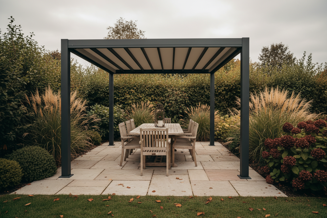 A photorealistic, wide-angle view of a modern charcoal grey aluminium pergola with a retractable canopy, situated in a mature UK garden during late autumn. The scene is illuminated by the soft, diffused light of an overcast late afternoon. The pergola extends over a patio with a weathered oak dining set. Lush evergreen shrubs, golden ornamental grasses, and deep red hydrangeas provide rich autumnal colours, complemented by fallen leaves on the patio. The image evokes a cozy, aspirational, and inviting outdoor living space with a palette of earthy browns, reds, golds, and muted greens.